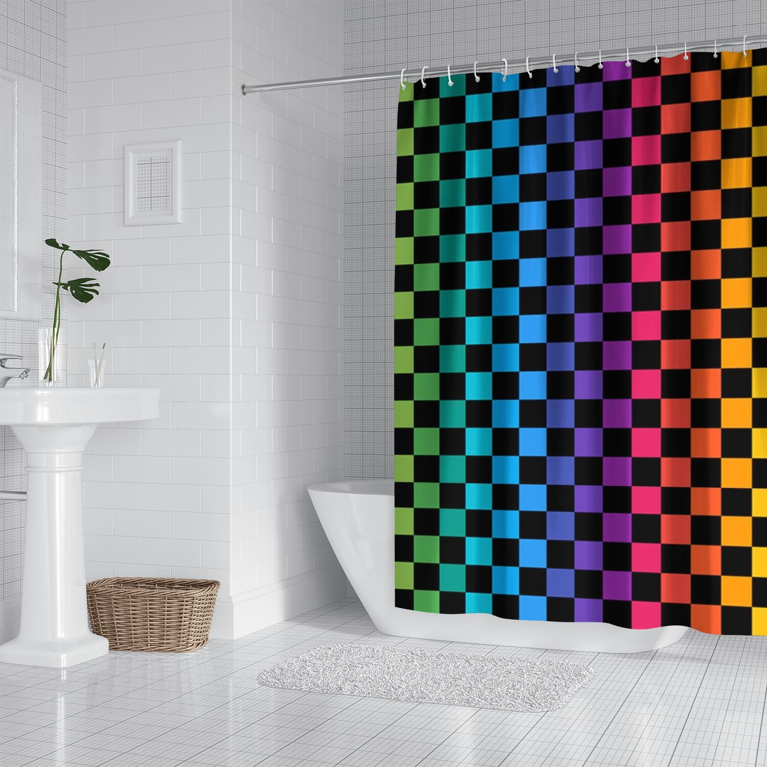 Rainbow Checkered Pattern Shower Curtain 84"x72" ,Bathroom Decorative Shower Curtains Set with 12 Hooks,Modern Waterproof Washable Shower Curtain
