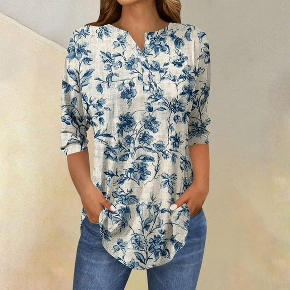 Floral Print Shirts Tops for Womens Henley Neck Tee Button Down Tunic Blouses 3/4 Sleeve Tunic Blouses Relaxed Fit Sweatshirt Spring Clothes 2025 Pullover Fall Winter Outfits