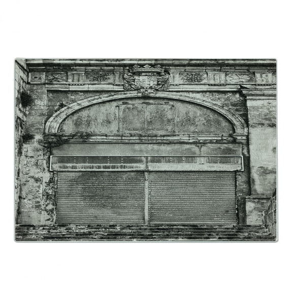 Rustic Cutting Board, Monochrome Old Closed Store Front with Jalousie and Classic Medieval Touch Historic Photo, Decorative Tempered Glass Cutting and Serving Board, Small Size, Grey, by Ambesonne