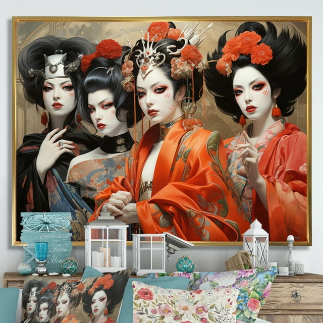 Designart art Mural Encadré Japon, art Mural Encadré Japon, art Mural Encadré Théâtre Kabuki Japon, art Mural Encadré Or Extra Grand, Cadre Doré 32x24 Pouces