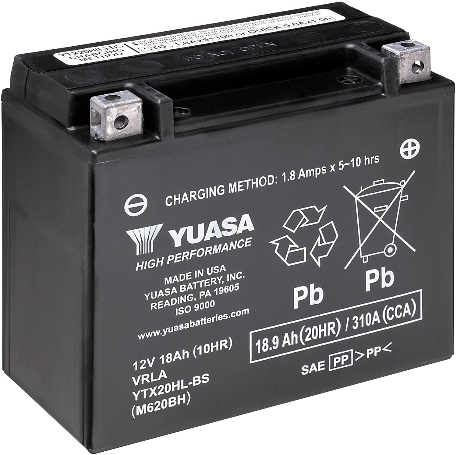 Yuasa YUAM620BH YTX20HLBS Battery, 12 Volt, 18 amphour