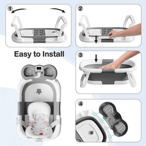 TUMAJUP Foldable Baby ‎Bathtub Elephant PP+TPE with Soft Cushion&Thermometer for 0-36 Months Toddler Gray