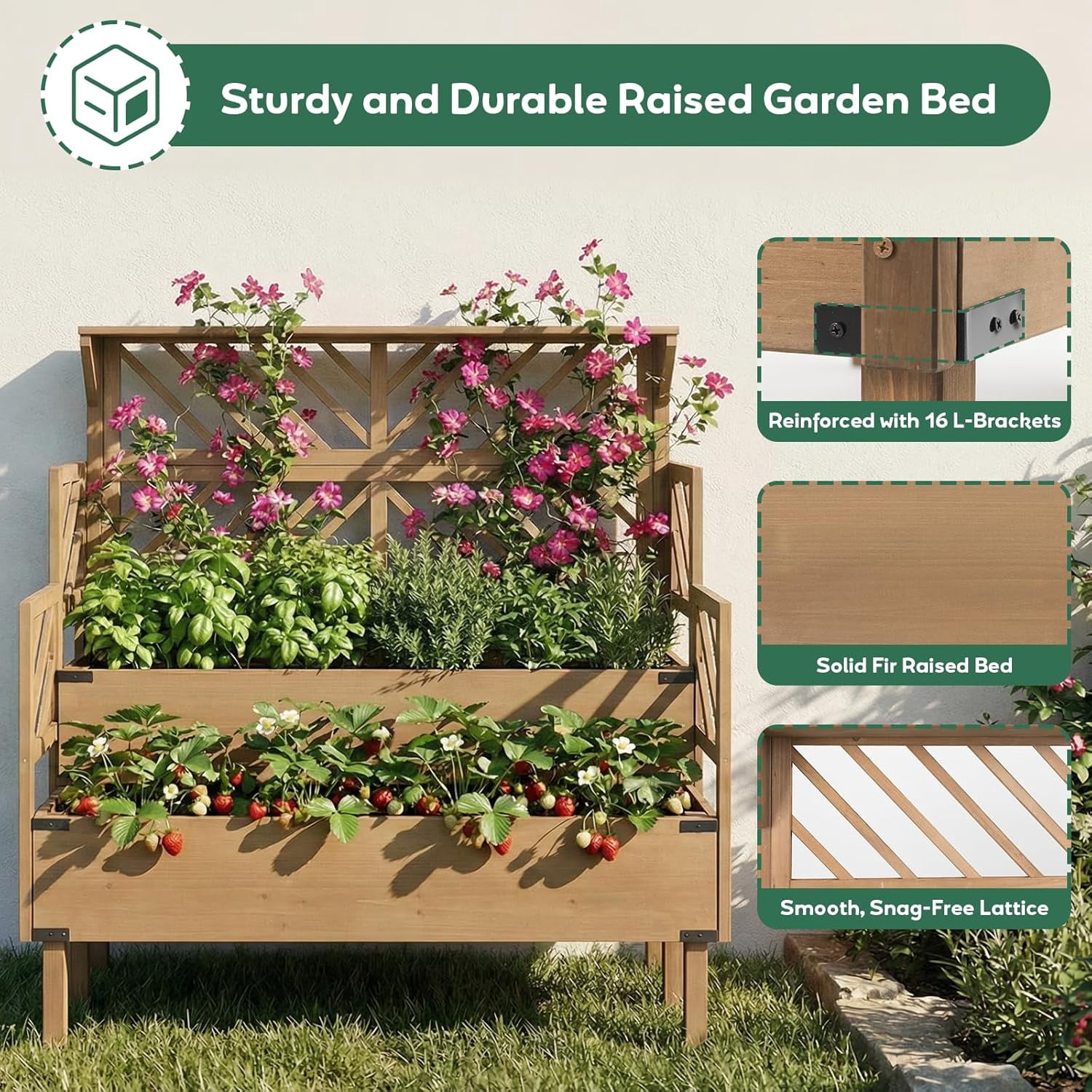 PETSCOSSET Raised Garden Bed with Trellis, 2-Tier Elevated Planter Box with Legs & Top Shelf, Wooden Garden Beds for Plants