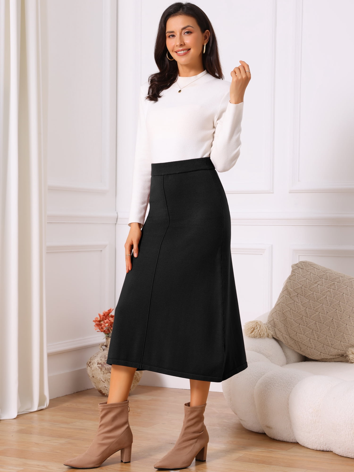 DARING DIVA Women's Sweater A Line Elastic High Waist Stretchy Midi Skirt M Black