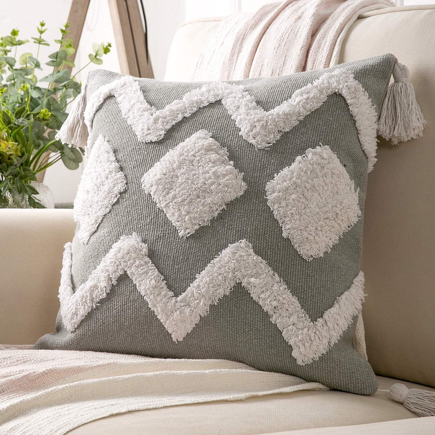 Phantoscope Decorative Throw Pillows Set of 4, Soft Corduroy Striped Velvet & Boho Woven Tufted with Tassel Series Cushion Bundles, for Sofa Couch Bedroom, Gray & White, 18 x 18 Inch