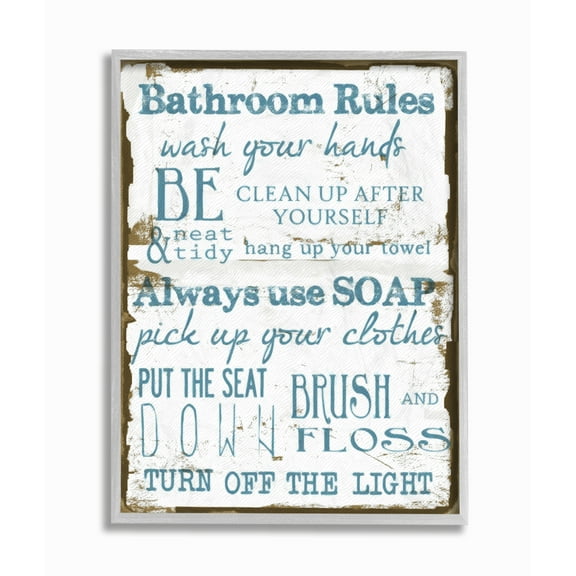 Stupell Industries Brown and Blue Classic Bathroom Rules Graphic Art Gray Framed Art Print Wall Art, 16x20, by Taylor Greene