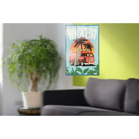 California Vintage Surf Sign - Wooden Sign with California Beach and Surf Shop on the side of the VW Van;Product Size: 23.5 x 16 x 1. Decorative Plaque for Home, Shop, Office, Event, Party, Wedding