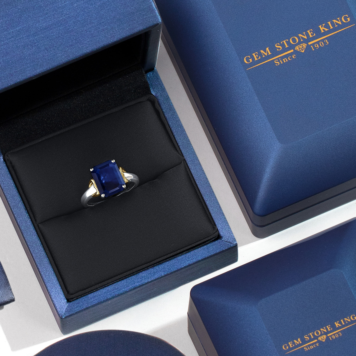 Gem Stone King 925 Silver and 10K Yellow Gold Blue Sapphire Solitaire Engagement Ring for Women | 3.45 Cttw | Octagon 10X8MM | Gemstone September Birthstone | Size 6