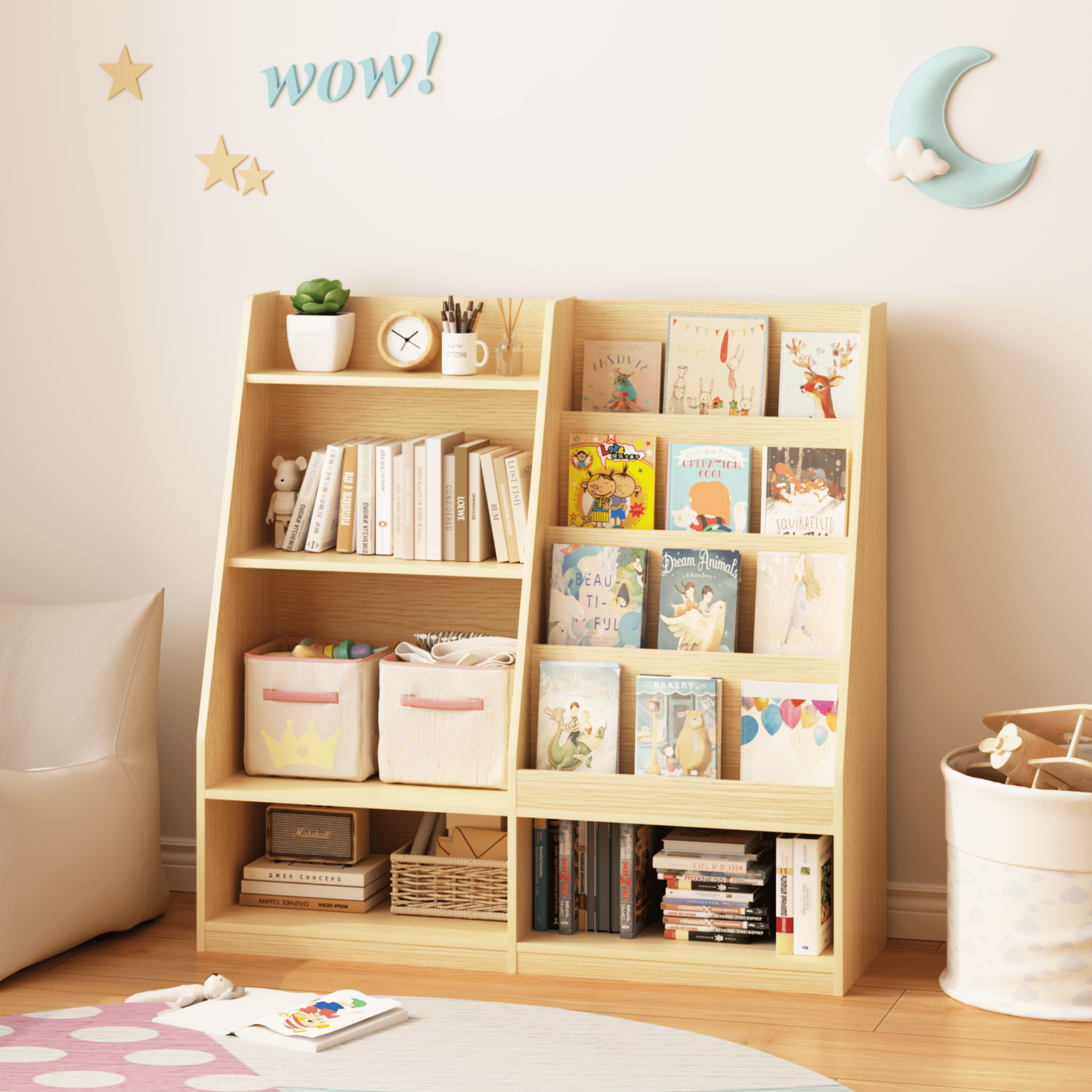 Kids Bookshelf and Toy Storage Organizer, Multifunctional 4 Tier Wooden Kids Book Shelf with Bookcase Display Stand in Kids Room Playroom Nursery for Kids, Children, Toddlers (Natural)
