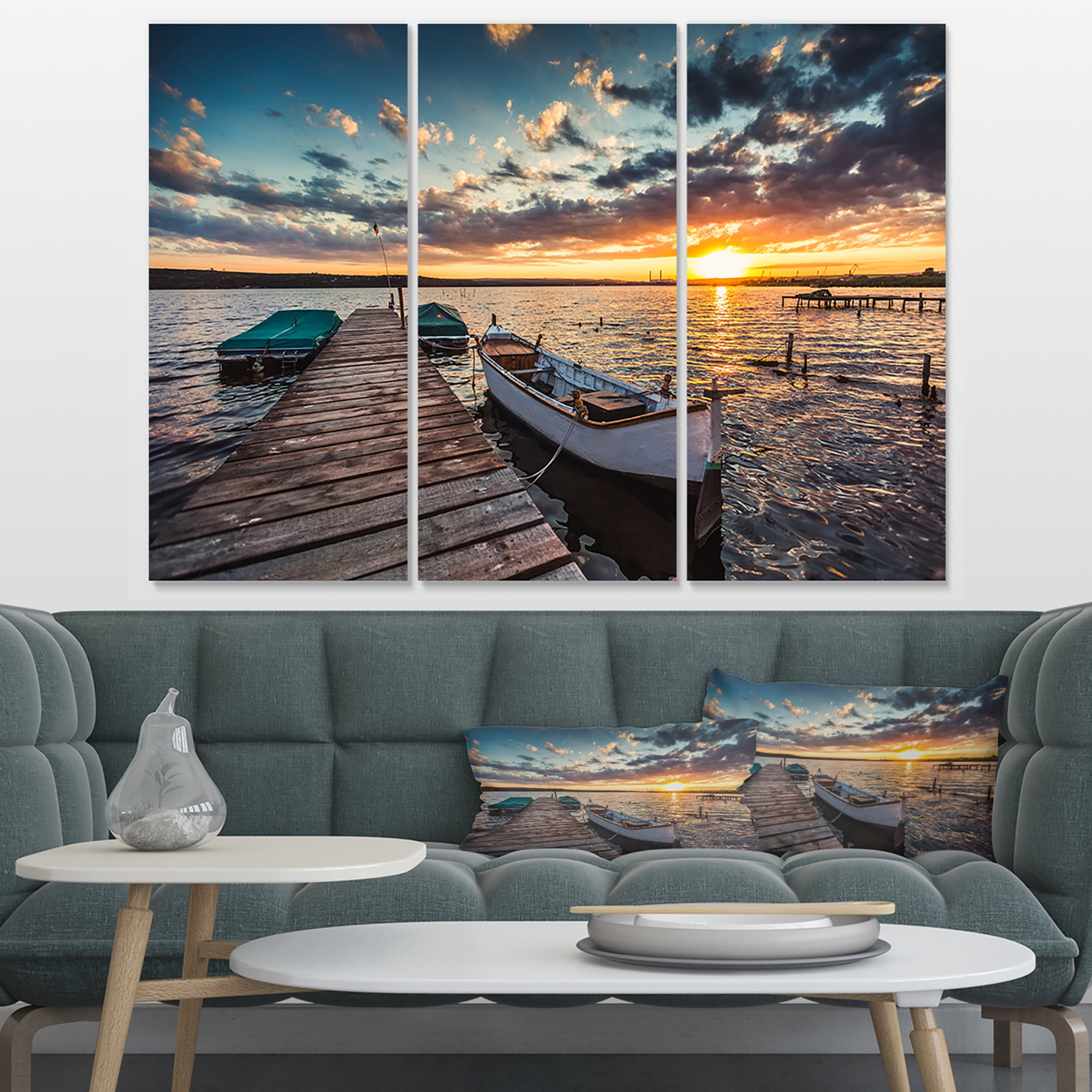 Designart 'Boats and Jetty under Dramatic Sky ' Modern Canvas Art Print