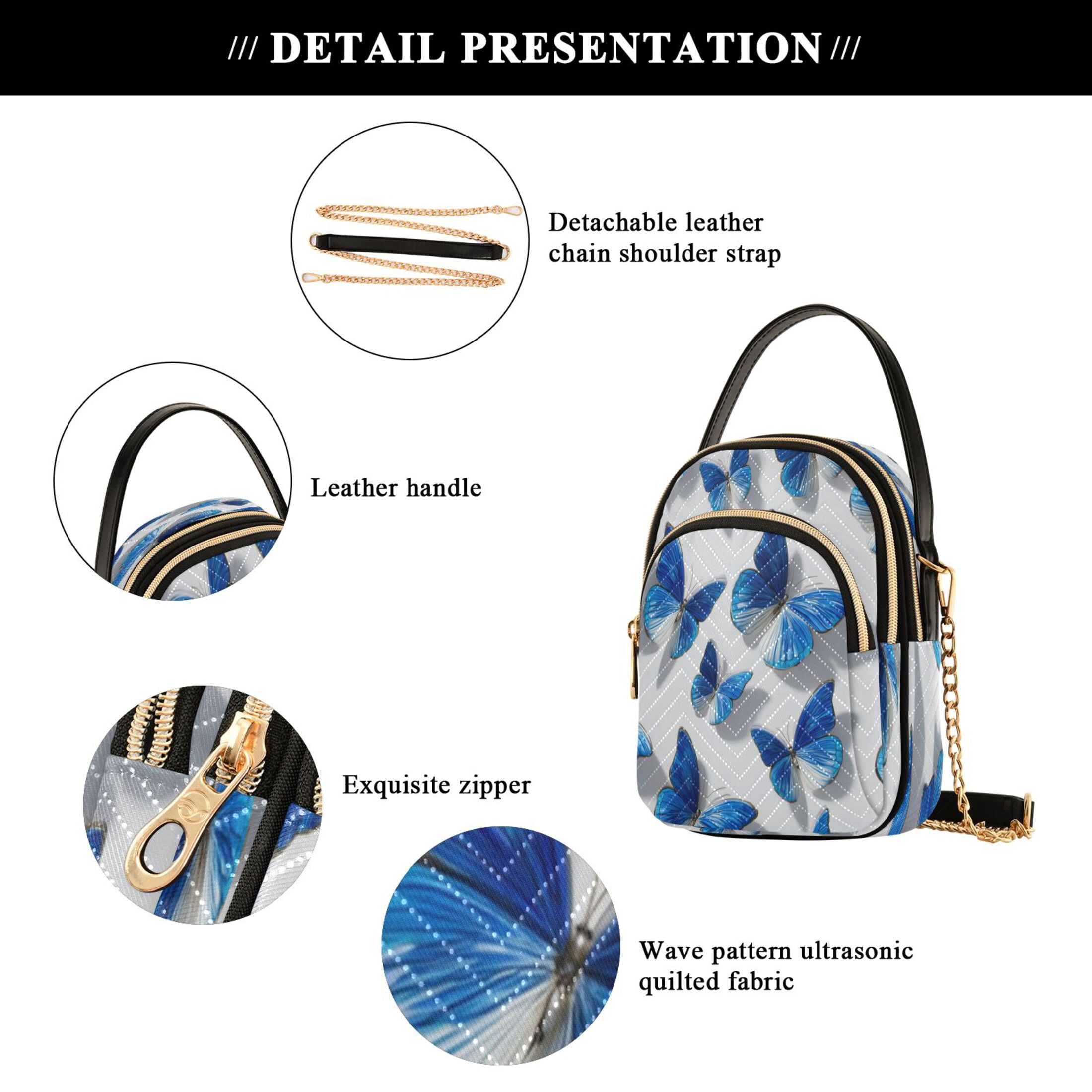 Quilted Women's Crossbody Bag Purses and Handbags with Detachable Leather Strap Blue and White Butterfly