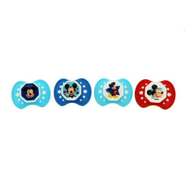 Disney Mickey Mouse Star Boy Pacifiers, 4 Pack, 0-6 Months Baby Girls and Boys, Various Colors, BPA Free Silicone Dishwasher Safe Binkies