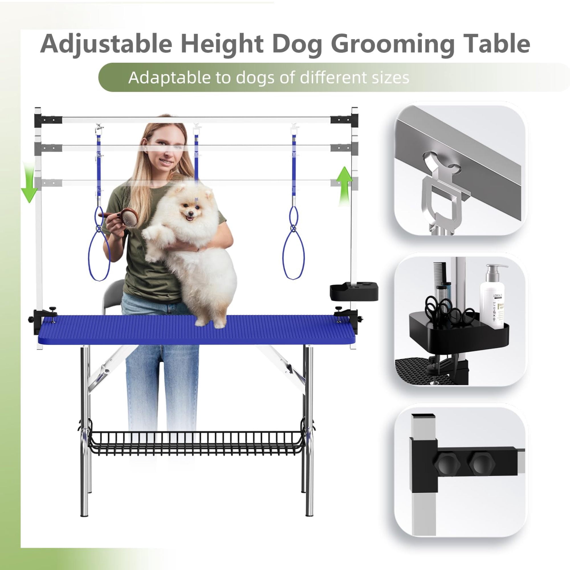 Leumius 47Inch Blue Pet Grooming Table, Stainless Steel Foldable Grooming Table for Dogs at Home Adjustable Height Arms Pet Station with Nooses, Mesh Tray, Tool Organizer