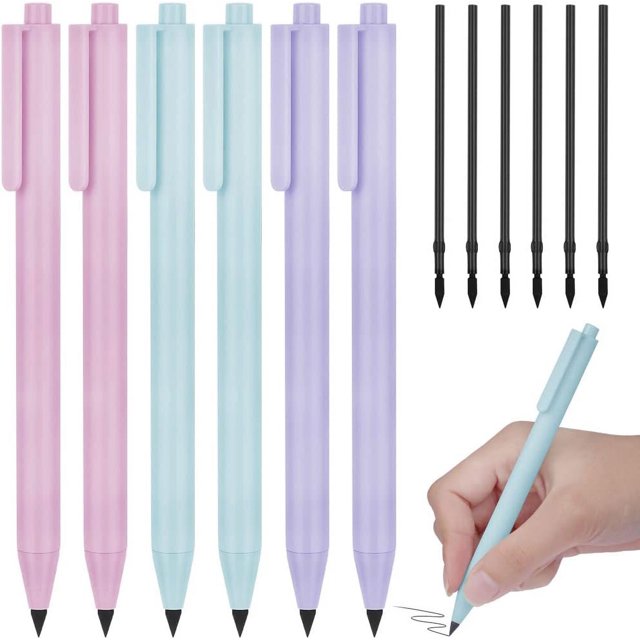 LAICAIW 6PCS Inkless Magic Pencil, Macaron Color Retractable Infinity Pencil with 6 Replacement Refills, Everlasting Pencil, Eternal Pencil for Writing, Drawing, Students Home Office School Supplies