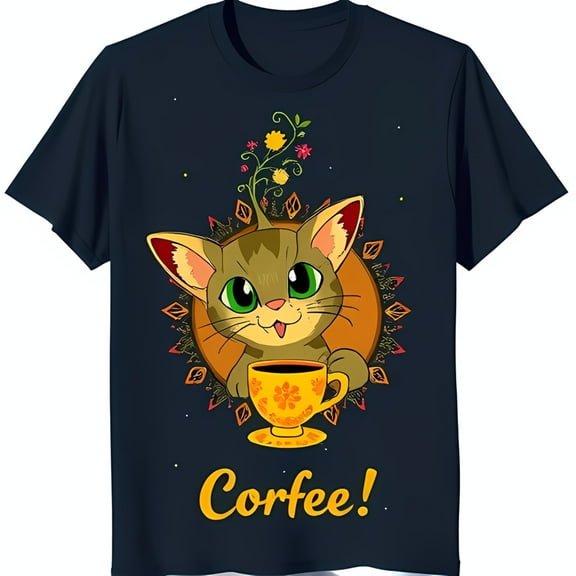 Playful Cartoon Cat with Green Eyes & Coffee Cup Graphic on Black T-Shirt