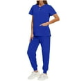 thumbnail image 3 of WMTBSRSW Scrub Suit Set for Women 4 Way Stretchy Modern Short Sleeve Top & Tapered Leg Jogger Pants with Drawstring Side Split Slim Fit Medical Nursing Uniforms Set with Pockets Blue Medium, 3 of 9