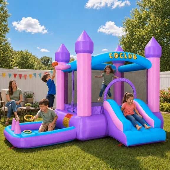 Inflatable Bounce House for Kids, 6-in-1 Bounce House w/480W Air Blower, Indoor Outdoor Bouncy Castle Jump House w/Slide, Crawl-Thru Door & Net, Dartboard, Basketball Hoop, Football Goal