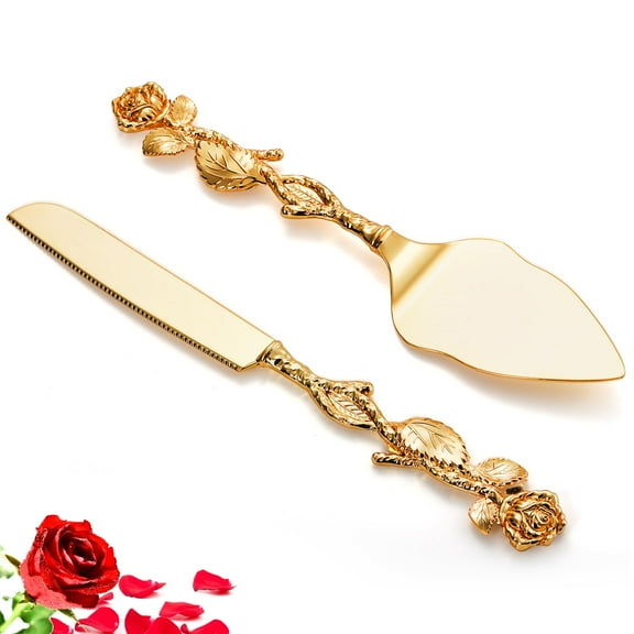 Wedding Cake Knife and Server Set, Gold Cake Cutting Set for Wedding, Vintage Rose Wedding Cake Cutting Set for Birthday, Party, Anniversary, Cake, Pie, Pizza