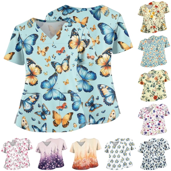 Butterfly Print V-Neck Scrub Top for Women, Short Sleeve Medical Tunic with Pockets - Soft Loose Fit Side Slit Work Shirt featuring Botanical & Floral Patterns Beige L