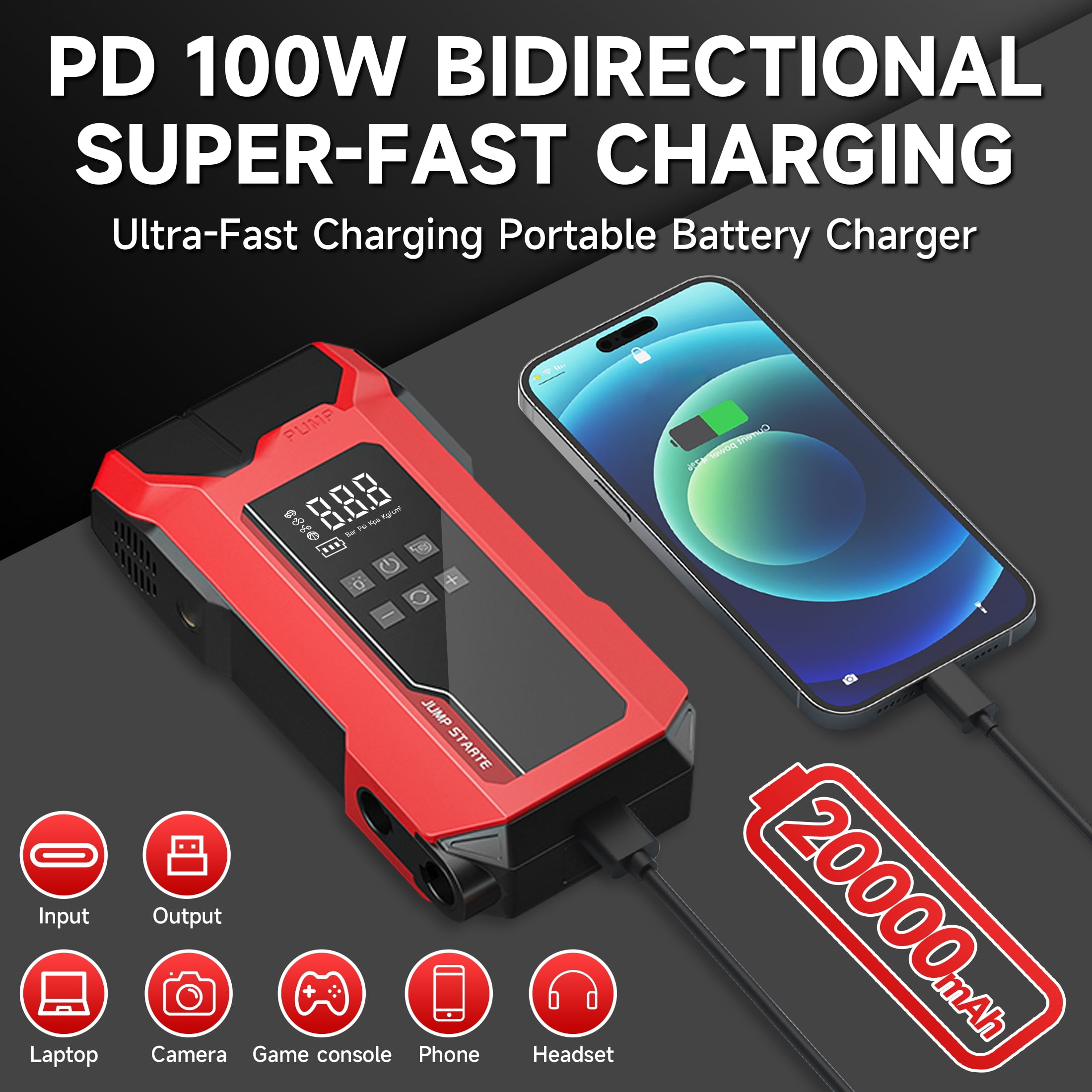 CamelParty Jump Starter with Air Compressor, 6000A Car Battery Booster for 10.0L Gas 8.0L Diesel 150PSI Auto-Stop Air Compressor with Blower, 12V Portable Emergency Jump Box with LED Light