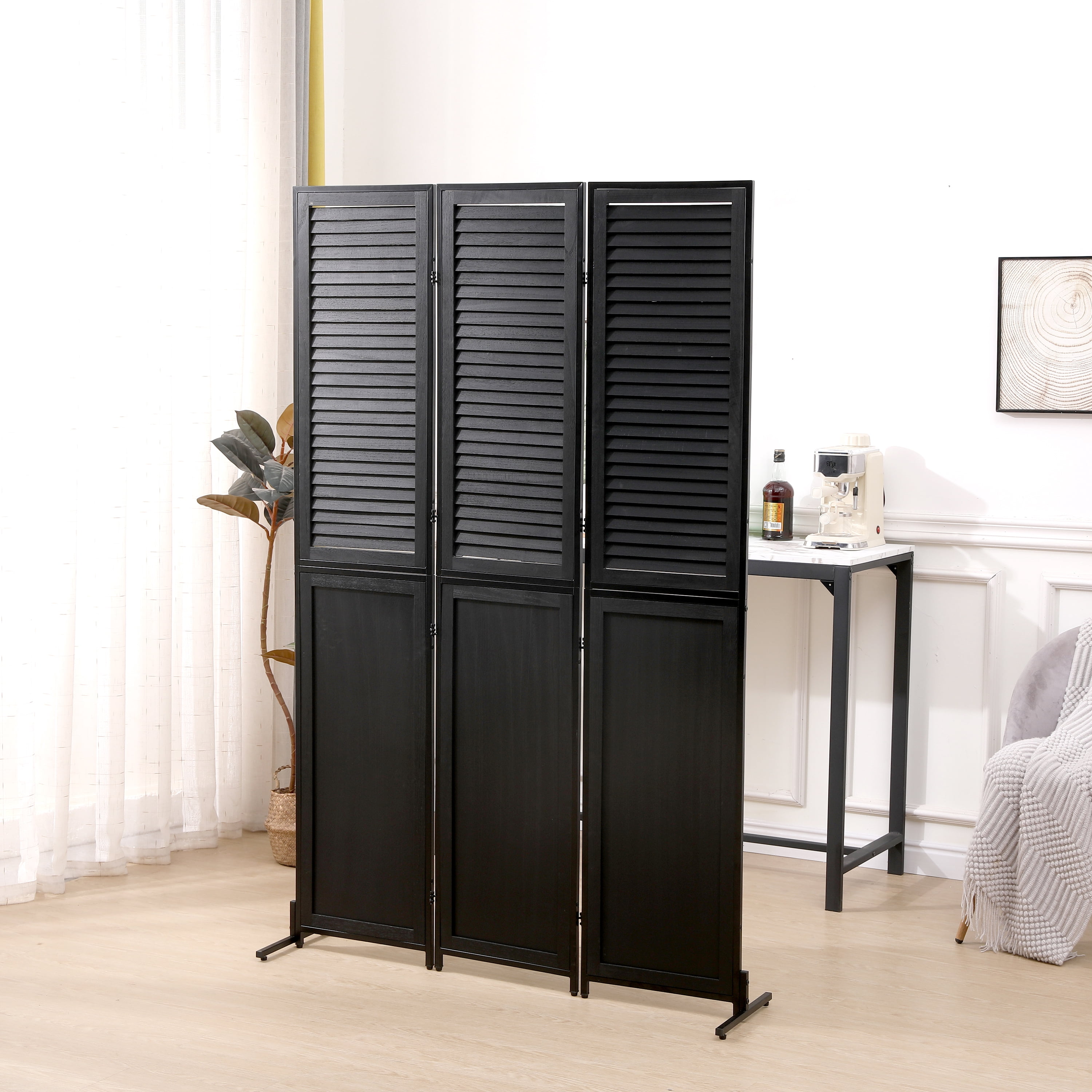 Royard Oaktree 3 Panels Room Divider with Shutter, 6 FT Wood Folding Privacy Screen, Freestanding Partition Wall Divider Screen for Home, Office, Bedroom, Living Room Separation (Black-Style 1)