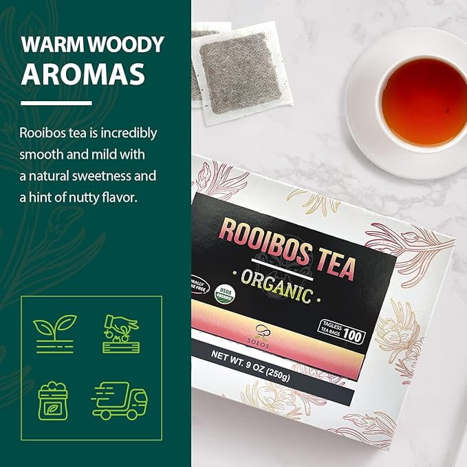 Soeos Organic Rooibos Tea,100 Teabag, 9oz (250g), 2 Packs, Total Weight of 18 oz (500g)
