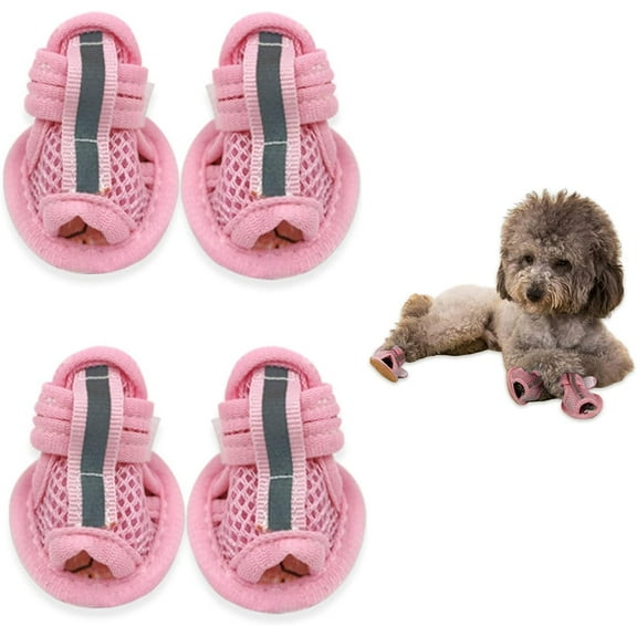 Summer Dog Sandals, 2PCS Breathable Mesh Dog Shoes, Hot Pavement Puppy Shoes, Soft Sole Paw Protectors for Small Dogs (Pink, Size 4)