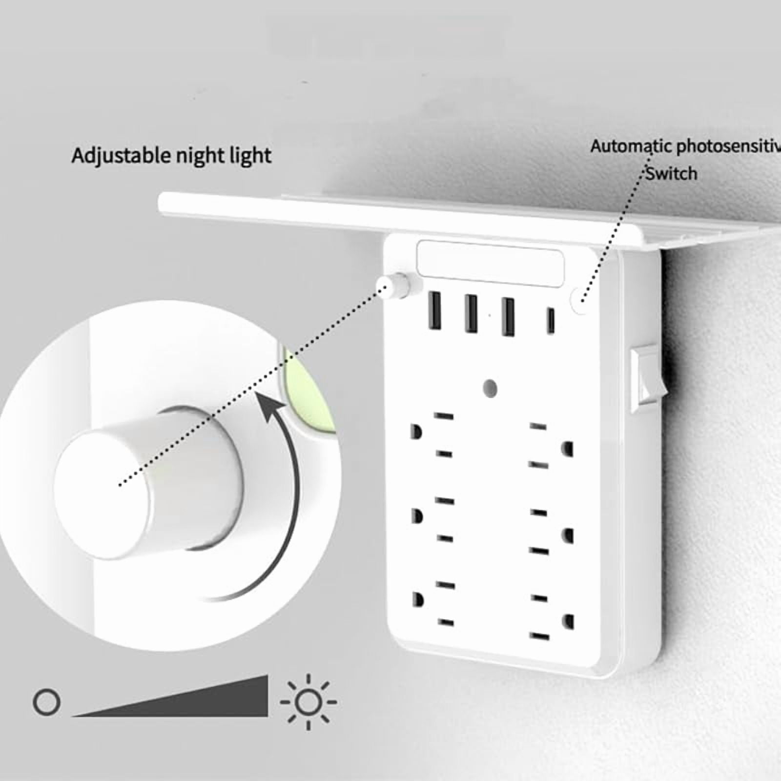 Wall Outlet Extender with Shelf Night, Flat Wall Outlet Extender, Multi Plug Outlet Surge Protector Power Strip with 6 AC Outlets, 3 USB Ports and 1 USB C (2PCS)