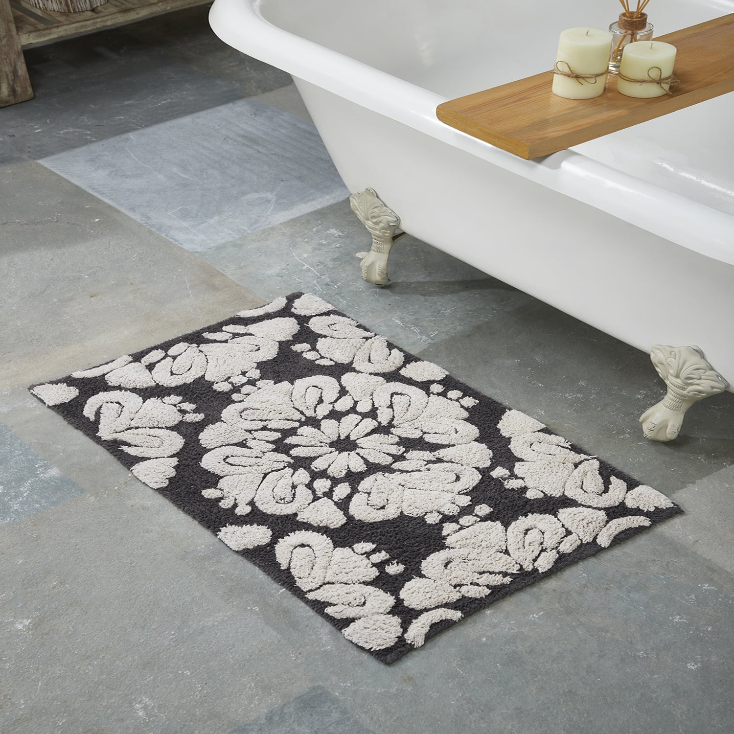 Better Trends 5 Piece Bathroom Rug Set 100% Cotton Extra Soft Tufted Bath Rug Water Absorbent Non-Slip Bath Mat Machine Washable (Charcol) Medallion Collection