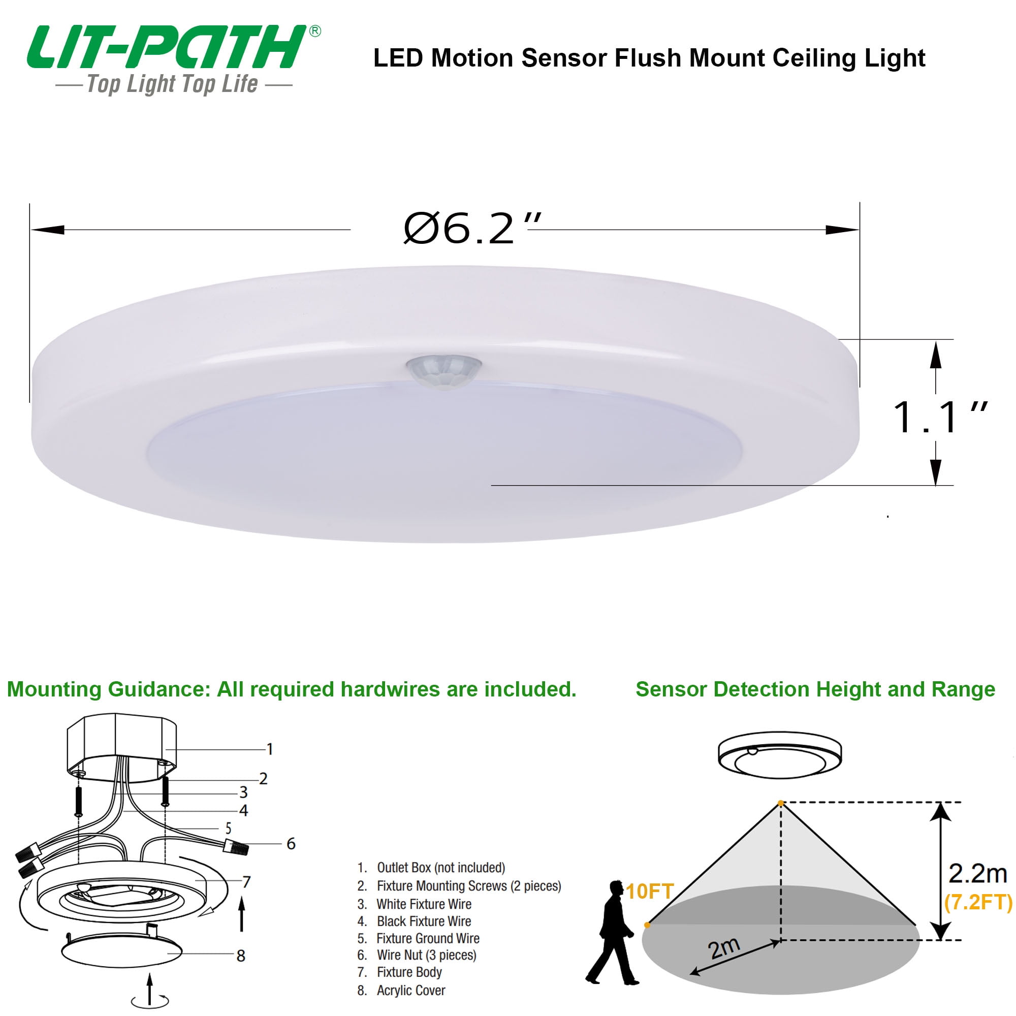 LIT-PaTH LED Motion Sensor Flush Mount Ceiling Lighting Fixture, Closet Light with Motion Sensor, 10.5W, 800 Lumen, 6.2 Inch, Anti-Rust Galvanized Housing, White Finish 3000K 2-Pack