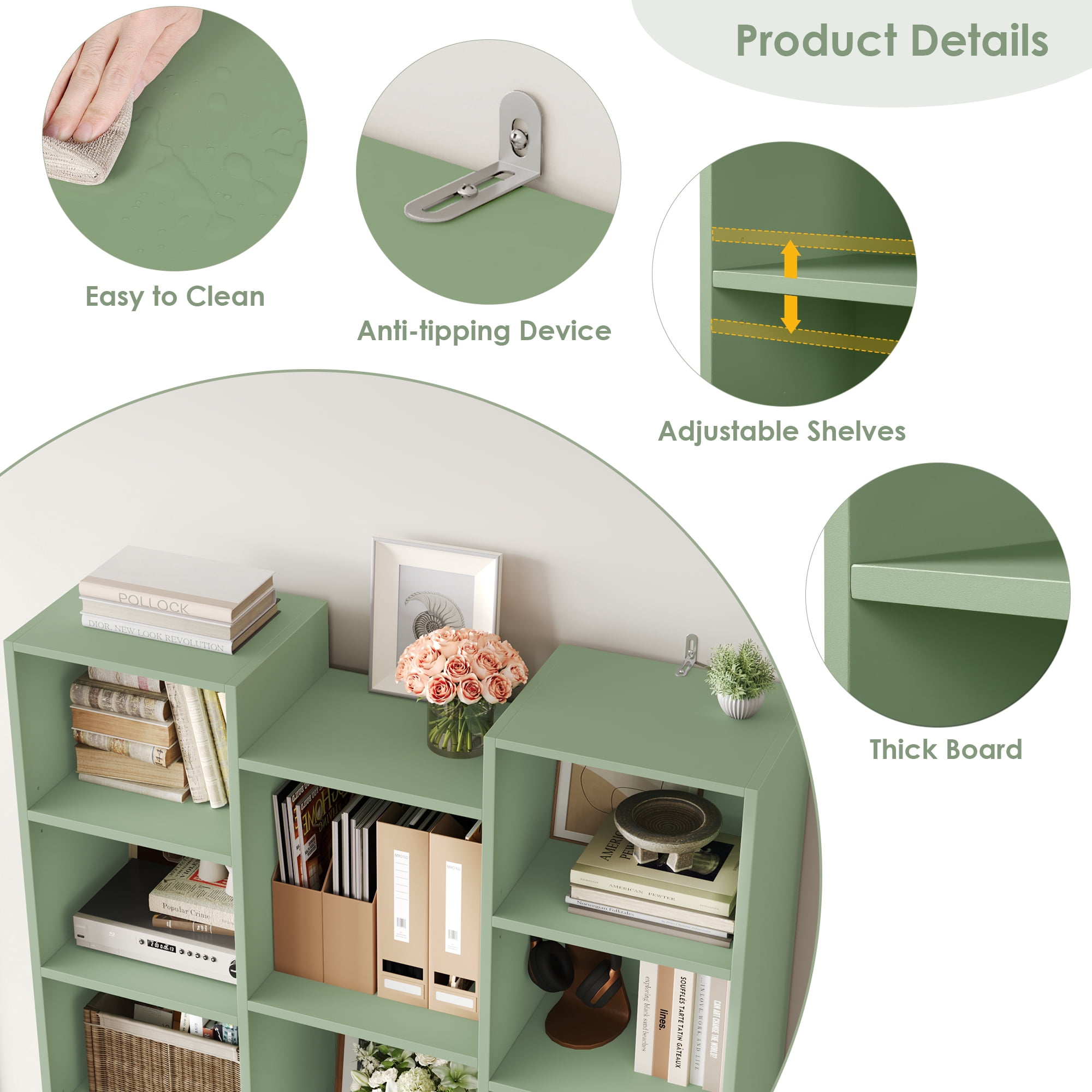 Homfa 2 Pieces Green Bookshelves, 71’’ Tall Three Row Bookshelf with Adjustable Shelves, 21-Cubes CD Display Storage Organizer Shelf for Living Room Home Office