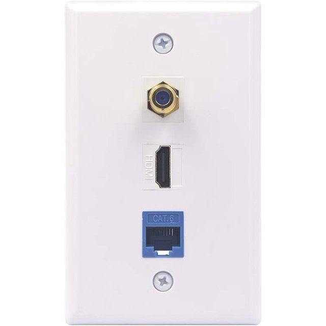 HDMI Ethernet Coax Wall Plate, 3-Port Faceplate with RJ45 Cat6 Keystone Female to Female Coupler & HDMI Keystone Jack Insert & Coaxial F-Type RG6 Keystone Jack