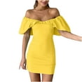 thumbnail image 2 of Women Dresses Plus Dresses Sexy Sleeveless Solid Strapless Fashion Dresses Yellow Trendy Skirt Size 3XL, 2 of 6