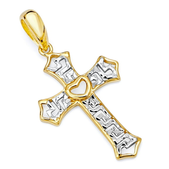 Wellingsale 14K Two 2 Tone White and Yellow Gold Polished Religious Christian Open Greek Key Cross Charm Pendant with Heart Accents