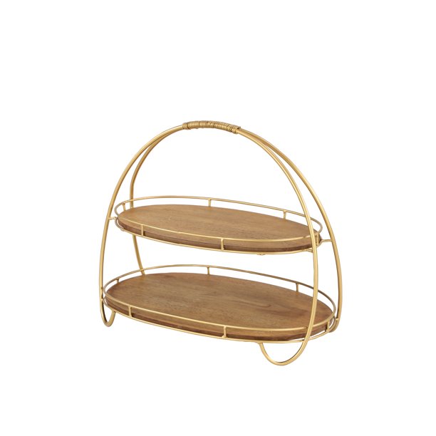 Decmode Tall Gold & Wood 2Tier Oval Serving Tray Stand w/ Arched Top