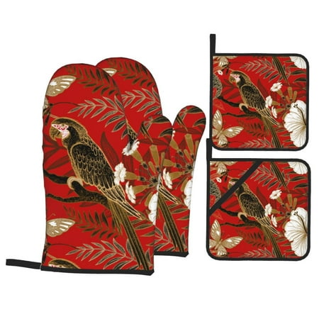 

WARHOOME Oven Mitts and Pot Holders Sets Heat-Resistant Japanese Golden Parrot BBQ Glove Oven Mitt Hot Pads Kitchen Cooking Baking Grilling 4Pcs