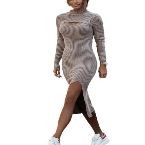 Ribbed Knit Round Neck Sleeveless Twisted Cut Out Split Bodycon Midi Casual  Dress