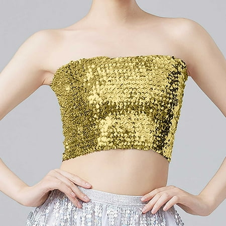 nochalofo Carnival Corset Tops  Sequin Sleeveless Crop Tube Top Fashion Mardi Holiday Womens Sparkling Sequins Stretch Clubwear Top  Gold