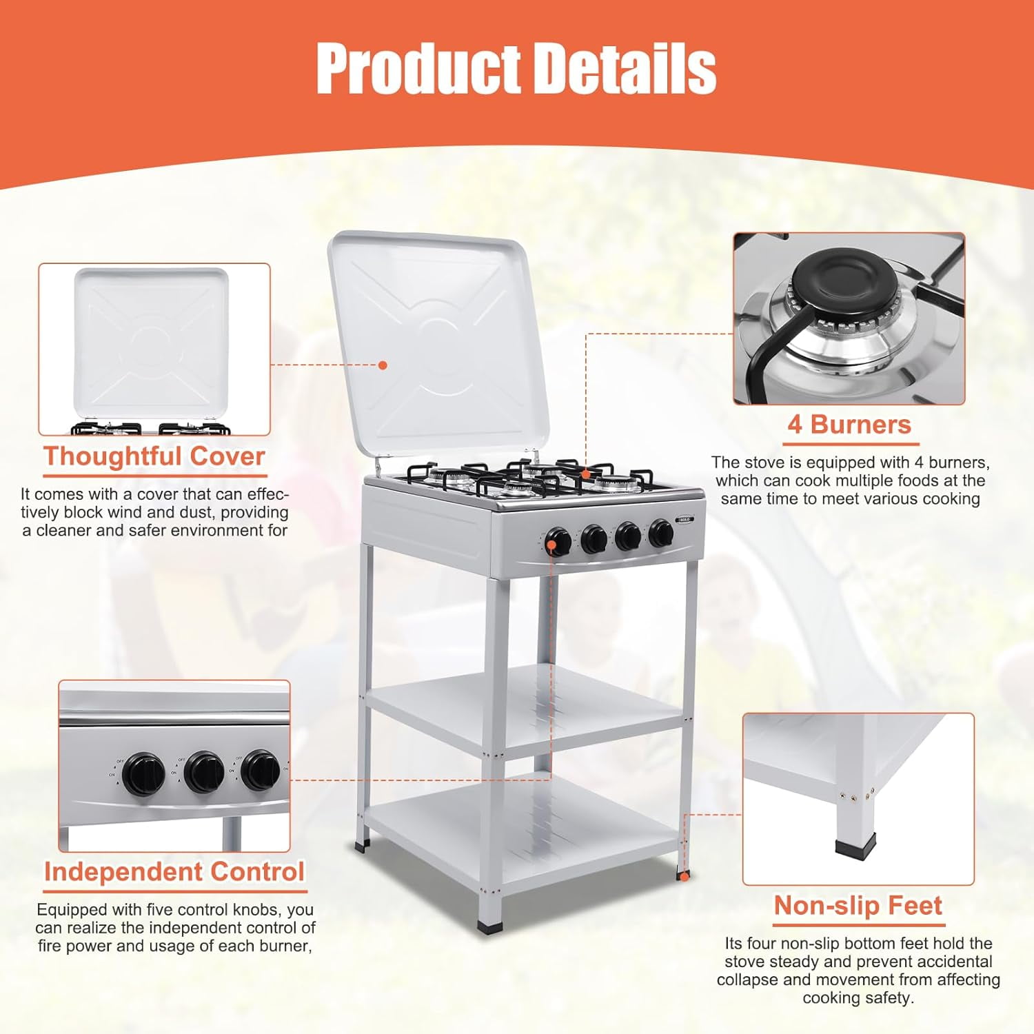 4 Burner Gas Stove Portable Stove Set with Support Leg Stand, Manual Ignition Camping Stove, Camping Cookware Set for Apartment, Outdoor Cooking Camping (Without connecting hose)