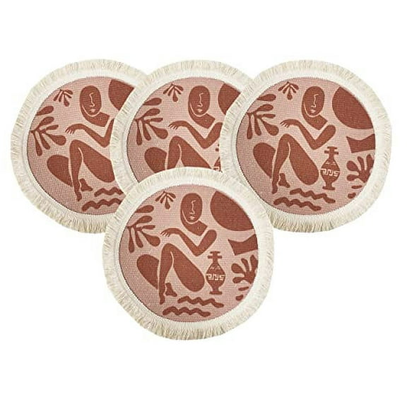 Fennco Styles Art Design Abstract Print Fringe Cotton Placemats 13" Round, Set of 4 - Pink & Brick Woven Table Mats for Home Décor, Dining Table, Banquets and Special Events