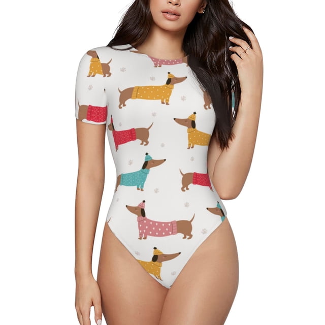 Saiise Grenouillère à Manches Courtes pour Femmes Motif Teckel Chien Chiot, Pyjama à Col Rond, Justaucorps Extensible avec Fermeture à Boutons-Pression - Grand