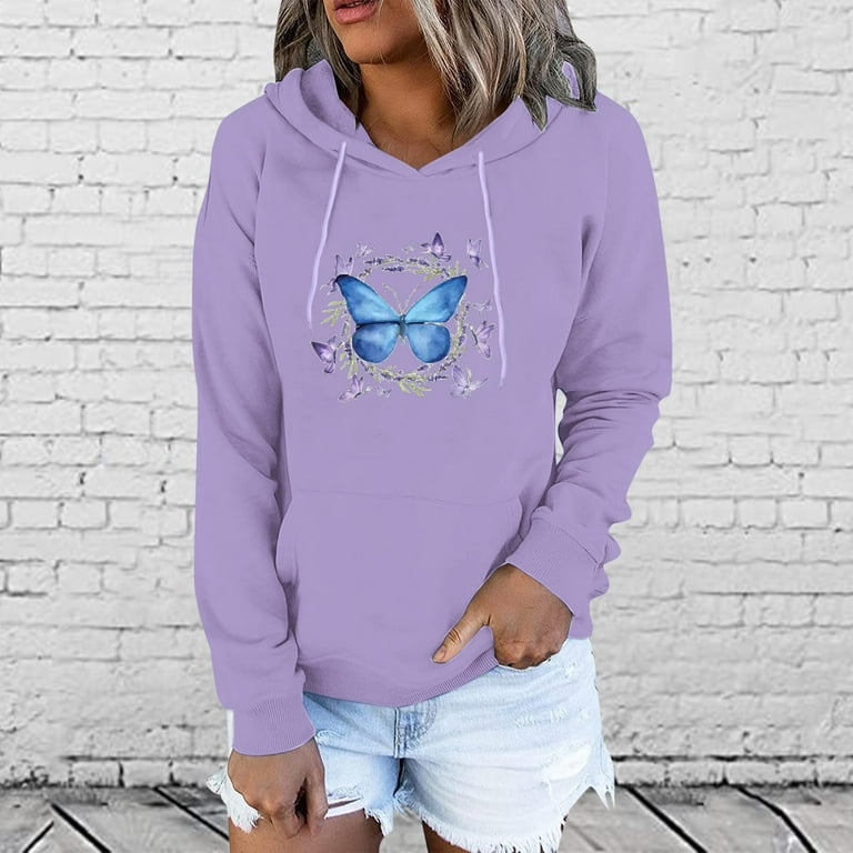 Plus Size Hoodies for Women s Butterfly Print Hooded Sweatshirt Casual Long Sleeve Lightweight Loose Pullover Tops