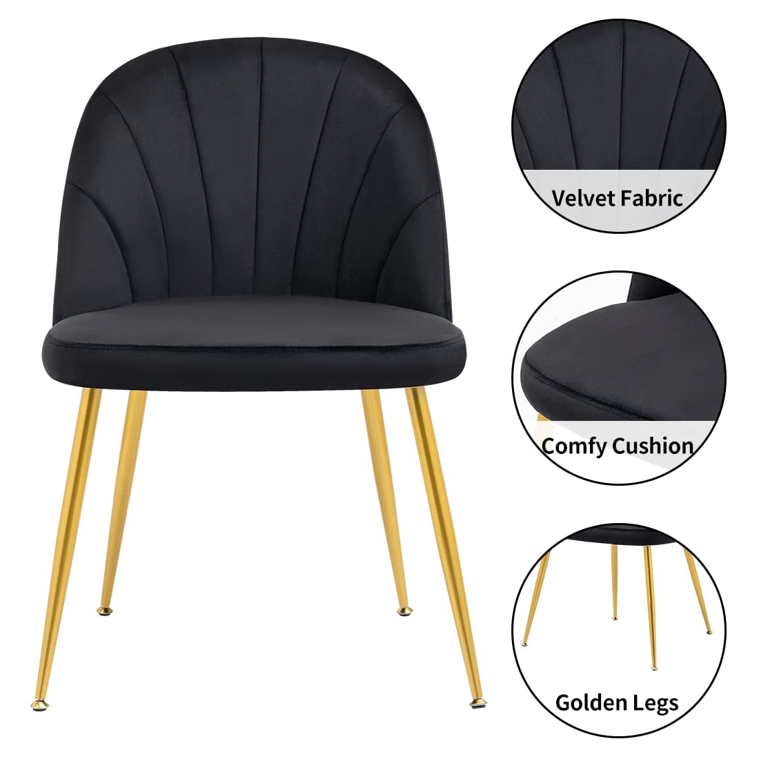 Newnno Velvet Modern Dining Chairs Set of 2, Upholstered Armless Accent Side Chair with Metal Legs for Kitchen Dining Room, Black