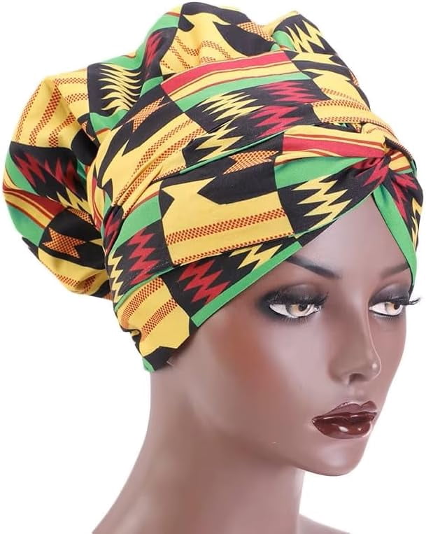 African Print Satin Silk Bonnet – Double-Layer Sleeping Hat With Long Ribbon Wrap, Ankara Design, Large Size Hair Cover For Ultimate Comfort Yellow