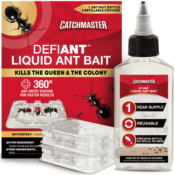 Catchmaster DEFIANT Liquid Ant Bait 4 Reusable Bait Stations, Ant Traps Indoor & Outdoor