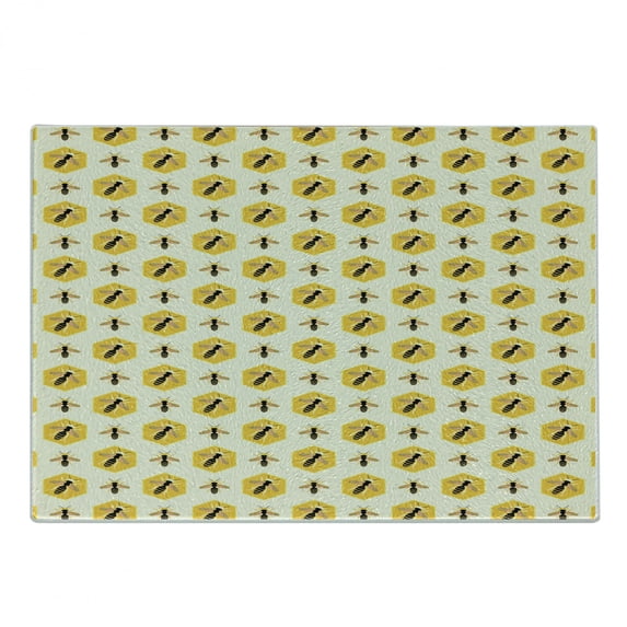Queen Bee Cutting Board, Illustration of Repeating Hexagon Shaped or Hives, Decorative Tempered Glass Cutting and Serving Board, in 3 Sizes, by Ambesonne