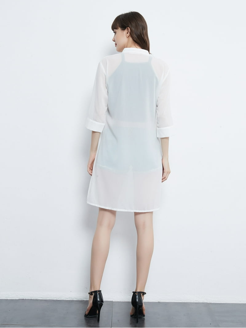 white chiffon shirt dress White Linen Cotton Midi Shirt Dress with Button Front and Collar