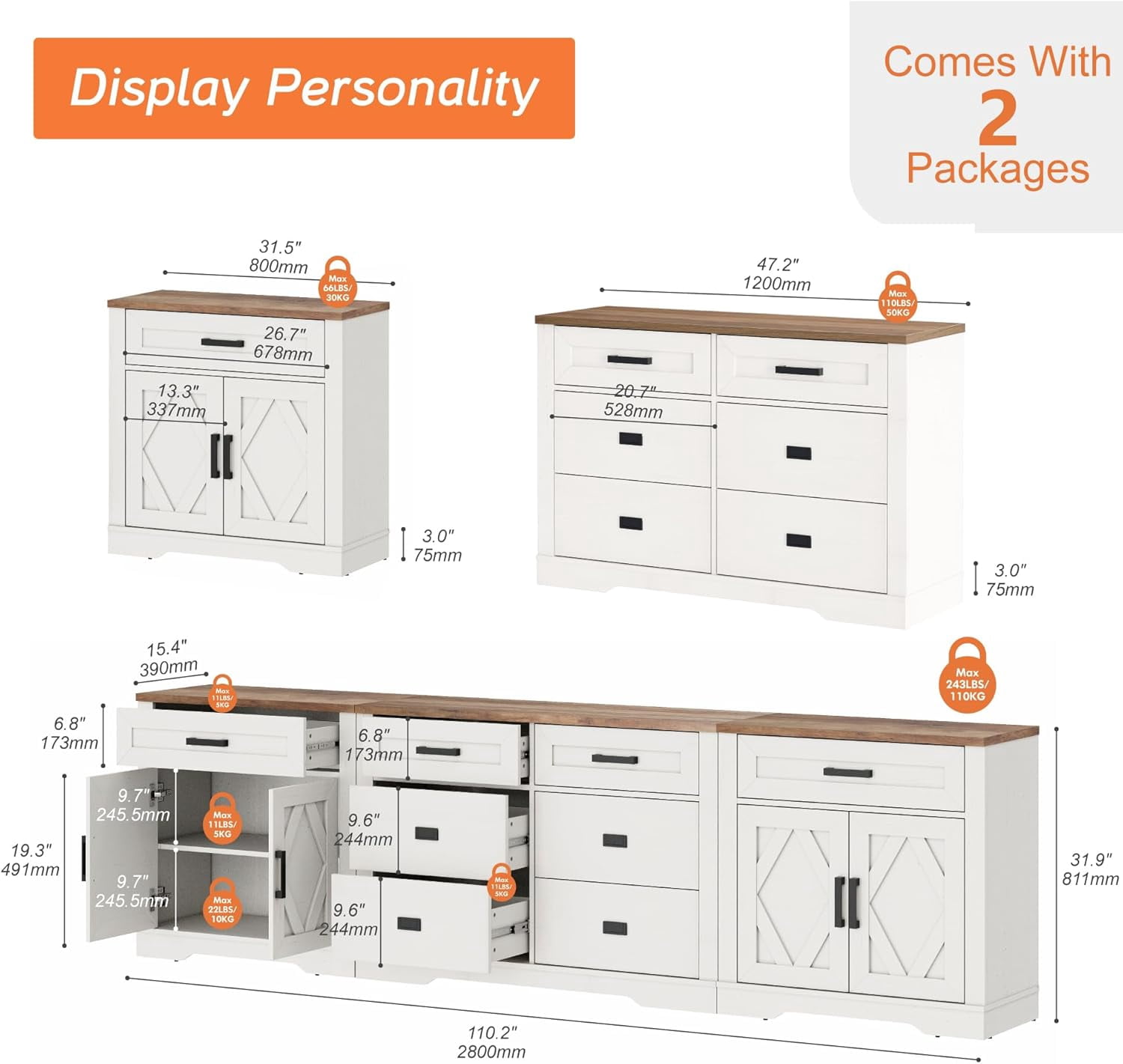 WAMPAT 110"W Large TV Stand,3-in-1 Farmhouse Entertainment Center with Storage Barn Door Cabinet,TV Console Table With Media Cabinet and Drawers for Living Room,Bedroom,Cream White