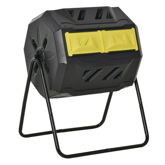 Tumbling Compost Bin Outdoor 360° Dual Chamber Rotating Composter 43 Gallon Yellow