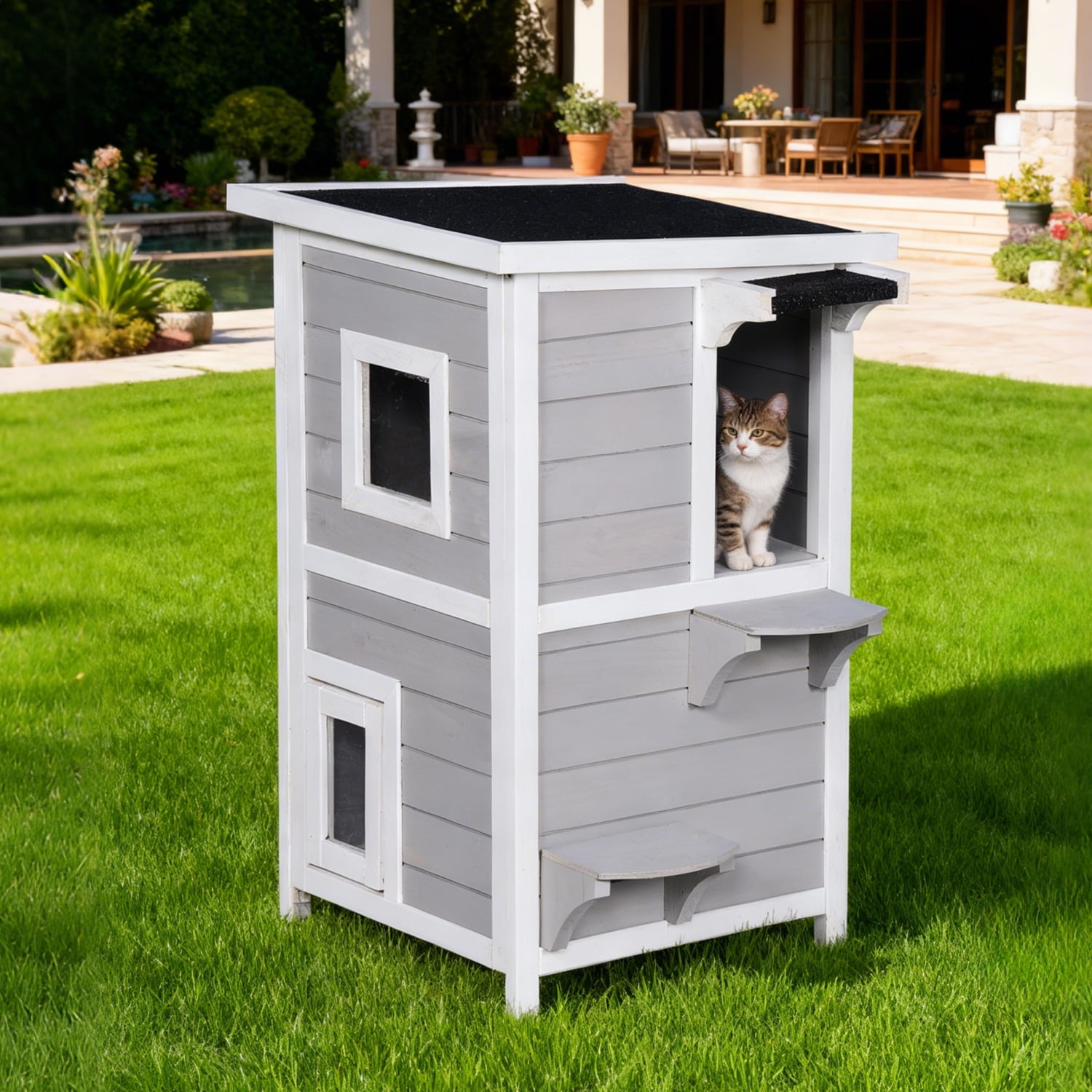Outdoor Cat House 2-Story with Escape Door, Feral Cat Shelter Weatherproof for Outside, Openable Waterproof Roof, Large Window, 2 Platforms, Wooden Cat Enclosure for Pets 31.80" (Grey)